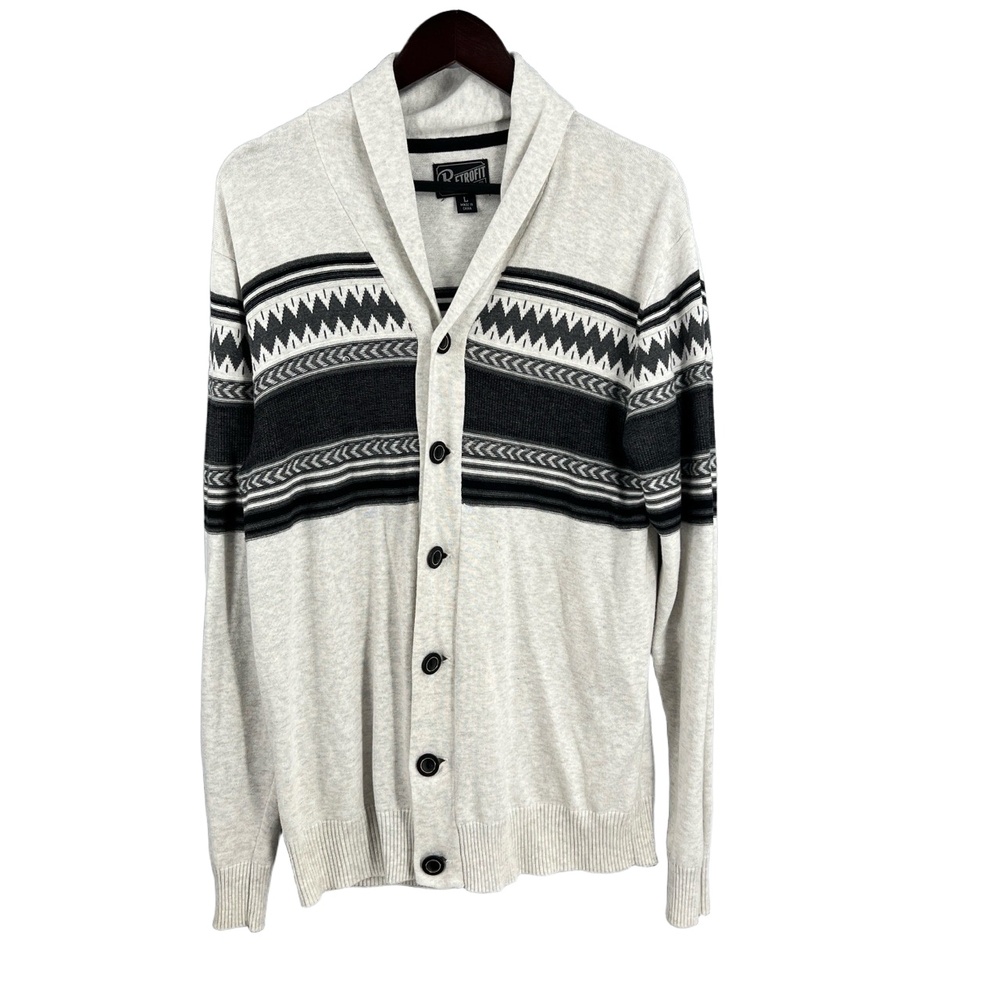 Retrofit Mens Cardigan Grandpa Sweater Shawl Collar Geometric Pattern Size Large